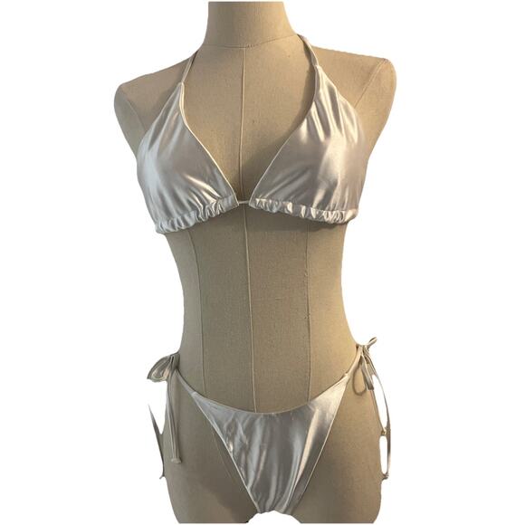 MakeMeChic Women's White Satin Bikini Swimsuit Triangle Halter Tie Back Thong M - Picture 1 of 8